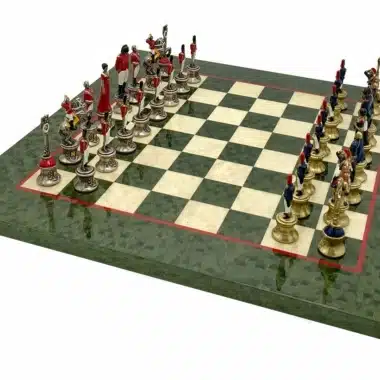 Napoleon III Luxury Set: Glossy Marbled Green Maple Wood Chess Board and Hand-Painted Metal Chess Set