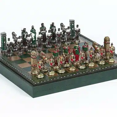 Romans vs Barbarians Set: Faux Leather Chess Board & Hand-painted Metal Chess Set
