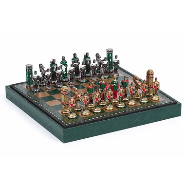 Complete Romans vs Barbarians chess set on green and gold board