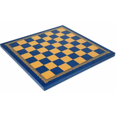 Blue faux leather chess board with engraved gold border, overall view