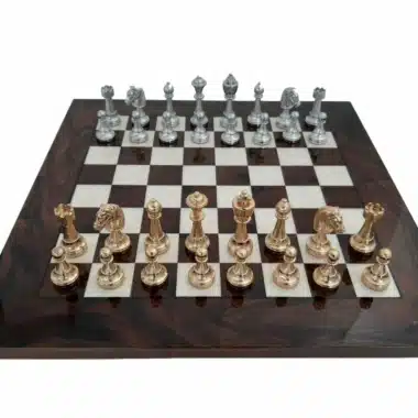Classic Flower 6 Set – Walnut Burl Chess Board and Gold and Silver-Plated Metal Chess Pieces