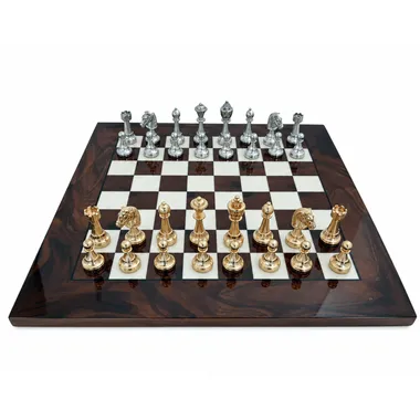 Classic Flower 6 set, walnut burl chessboard with gold and silver plated pieces