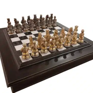 Premium Medieval Bust Set III Wooden Chess Board with Alabaster Playing Surface and Gold and Silver Plated Pewter Chess Set