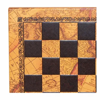 World Map faux leather chess board, close-up of engraved squares