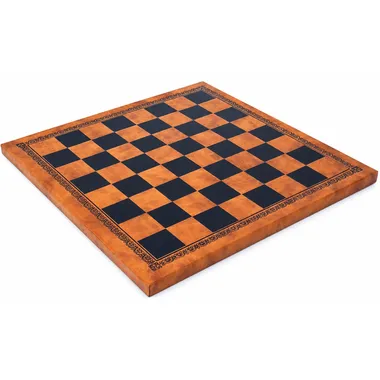 Brown faux leather chess board, overall view with engraved border