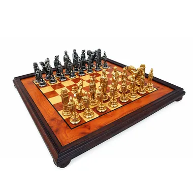 "Caesar" Set Chess Board on Stand in Briar Wood & Chess Set in Solid Metal