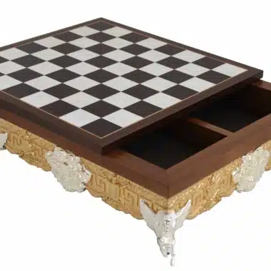 Chess Board on Stand in Gold-Plated Metal and Solid Wood with Storage Compartment