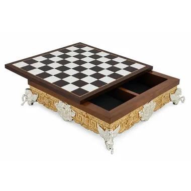 Chess board on gilded stand with open drawer and storage compartment