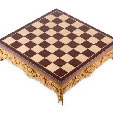 Chess Board on Golden Metal Stand with Solid Wood Top and Storage Compartment