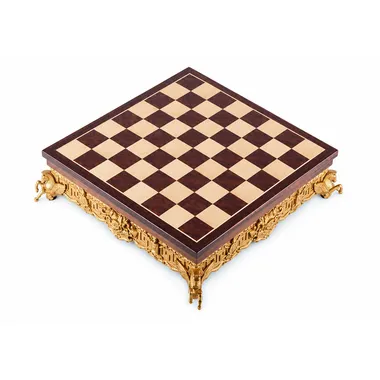 Marquetry wood chess board on ornate gilded metal stand