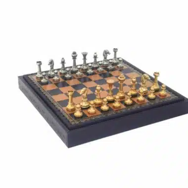 Mignon II Set – Faux Leather Chess Board with Storage Compartment & Solid Brass Chess Set