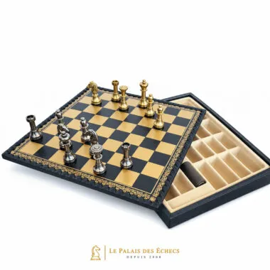 Close-up of the faux leather chess board with solid brass pieces in opening position