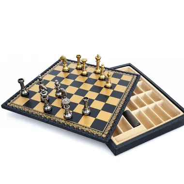 Close-up of the faux leather chess board with solid brass pieces in opening position