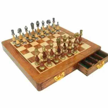 Arabic Style III Set – Golden Rosewood and Maple Chess Board with Metal and Solid Wood Chess Set