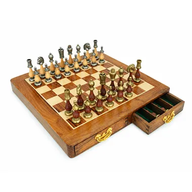 Complete chess set Arabic Style III with open chessboard and storage drawer