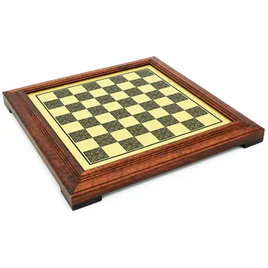 Chess board on solid wood stand, front view showing brass-effect squares