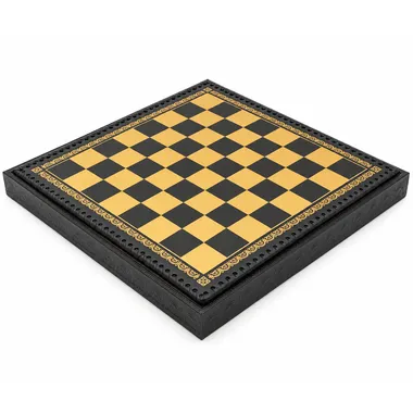 Chess board in black and gold faux leather, closed view