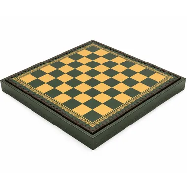 Green faux leather chess board, overall view with gold border