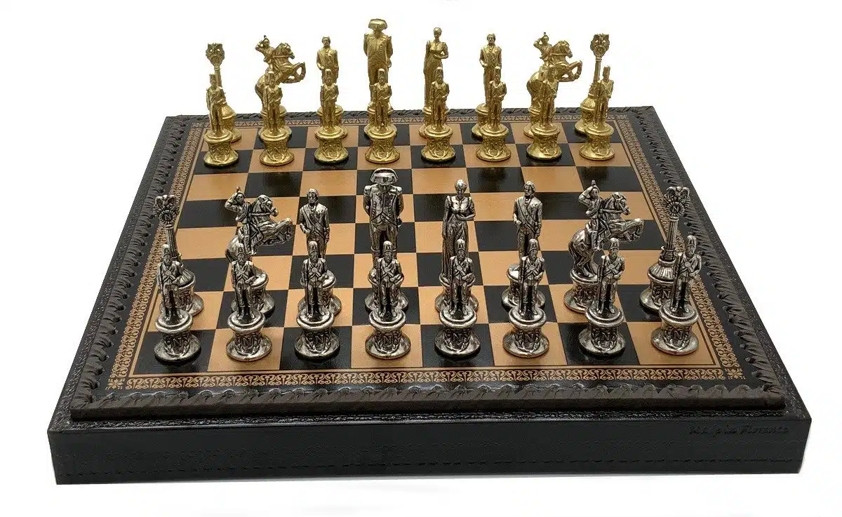 Napoleon Set: Faux Leather Chess Board & Solid Metal Chess Set