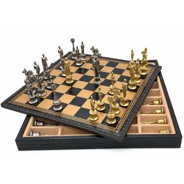 Napoleon chess board open showing the internal storage box for the pieces