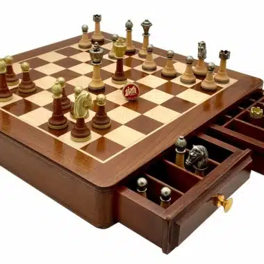 Classic III Set - Golden Rosewood and Maple Chess Board & Solid Wood and Metal Chess Set