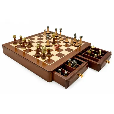 Complete chess set with wooden board and open storage drawer