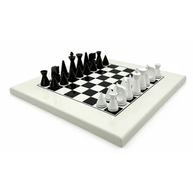 Complete Pyramide Moderne set, black and white conical pieces on lacquered board