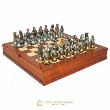 Complete medieval bust chess set on maple and walnut board with storage box