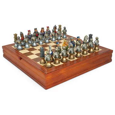 Complete medieval bust chess set on maple and walnut board with storage box