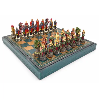 Complete Robin Hood chess set on green faux-leather chess board