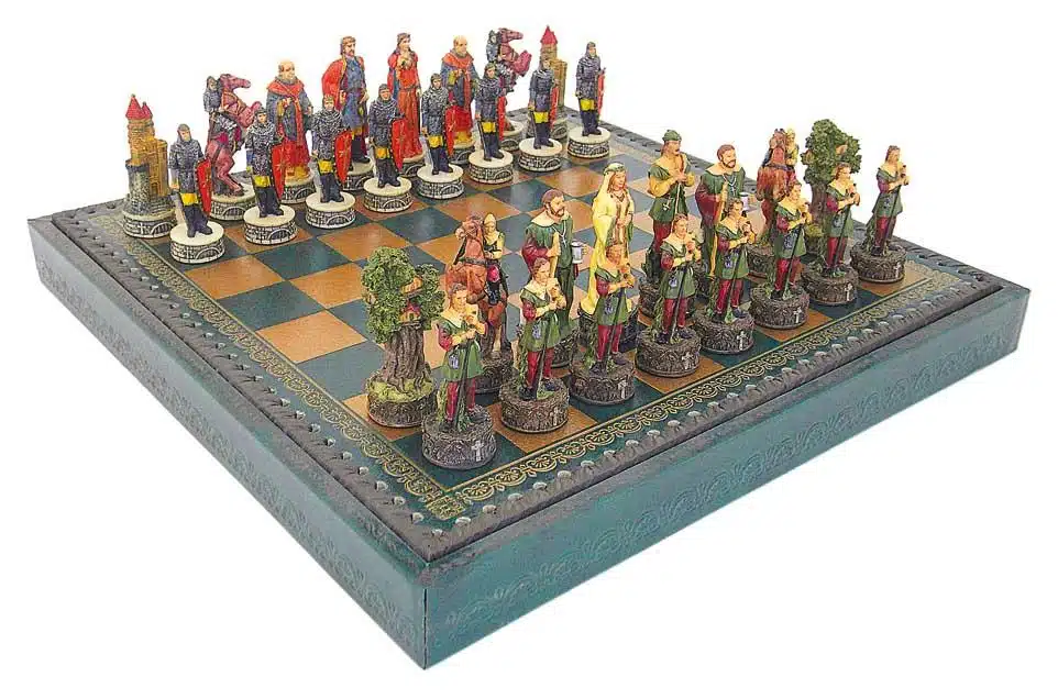 Robin Hood Set – Faux Leather Chess Board & Hand-Painted Resin Chess Set