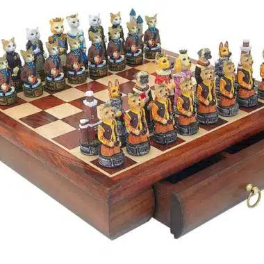 Cats and Dogs Chess Set with Rosewood Chess Board, Storage Drawer & Hand-Painted Resin Chess Pieces