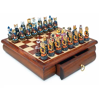 Complete chess set of dogs and cats in resin on wooden board with drawers