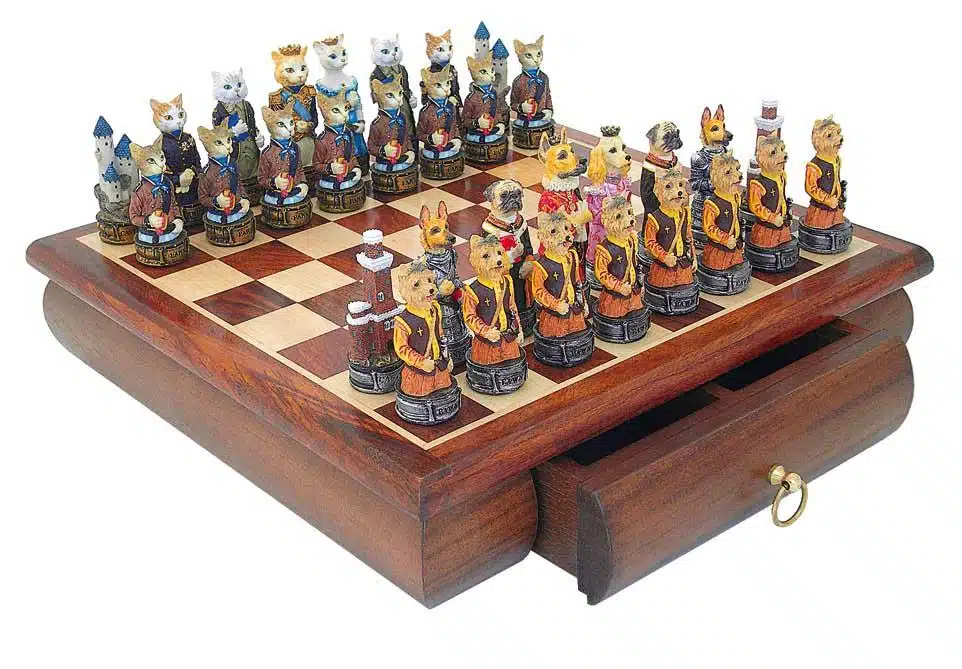 Cats and Dogs Chess Set with Rosewood Chess Board, Storage Drawer & Hand-Painted Resin Chess Pieces