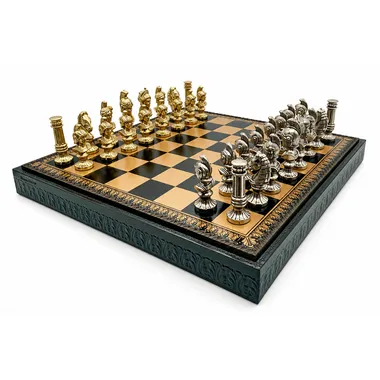 Roman Busts II set displayed on its chess board with built-in storage box