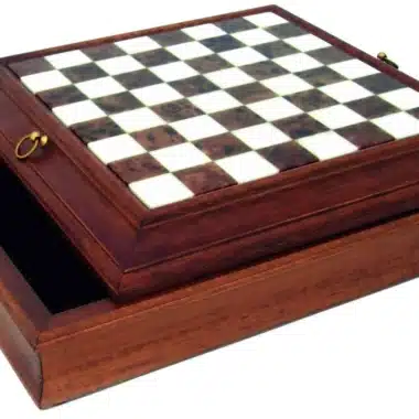 Solid Wood and Alabaster Chess Board with Storage Compartment and Rings