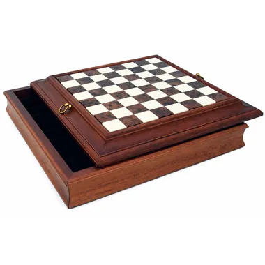 Closed solid wood and alabaster chess board with built-in storage box