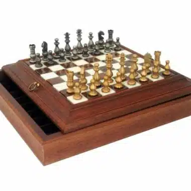 French-Style Set: Solid Wood and Alabaster Chess Board with Storage Compartment & Solid Brass Chess Set