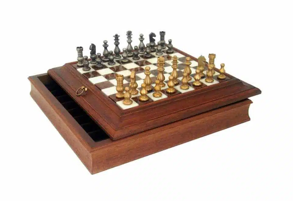 French-Style Set: Solid Wood and Alabaster Chess Board with Storage Compartment & Solid Brass Chess Set