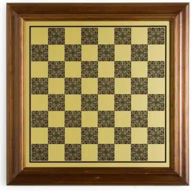 Wood and brass-effect chess board, front view with wooden frame