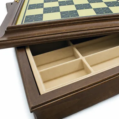 Wooden chess board, detail of the open internal storage compartment