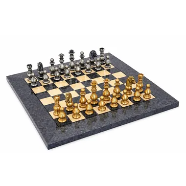 "French II" Set Grey Maple Wood Chess Board & Solid Brass Chess Set