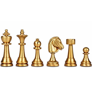 Solid gold-toned brass chess pieces, detail of king, bishop and knight