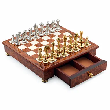 Classic Flower 5 chess board with open elm and burl wood drawer