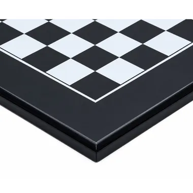 Large black lacquered wood chess board, detail of corner and bevelled edge
