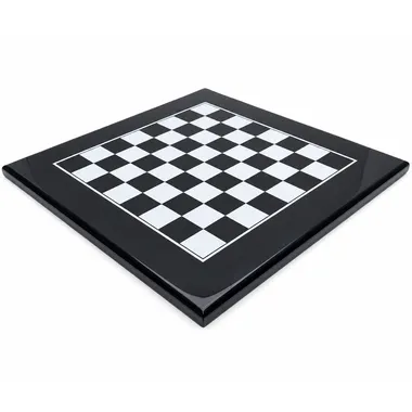 Large black lacquered wood chess board, overall front view