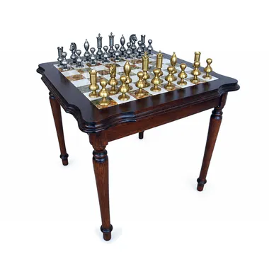 Wooden chess table with turned legs and brass chess pieces