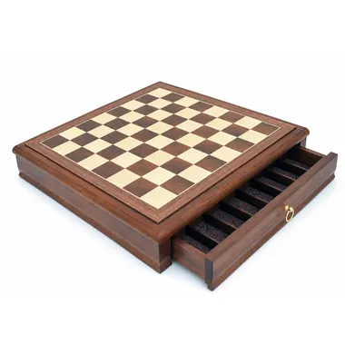 Walnut wood chess board with open storage drawer, overall view