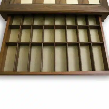 Walnut wood storage box, detail of felt-lined compartments