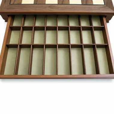 Walnut wood storage box, detail of felt-lined compartments